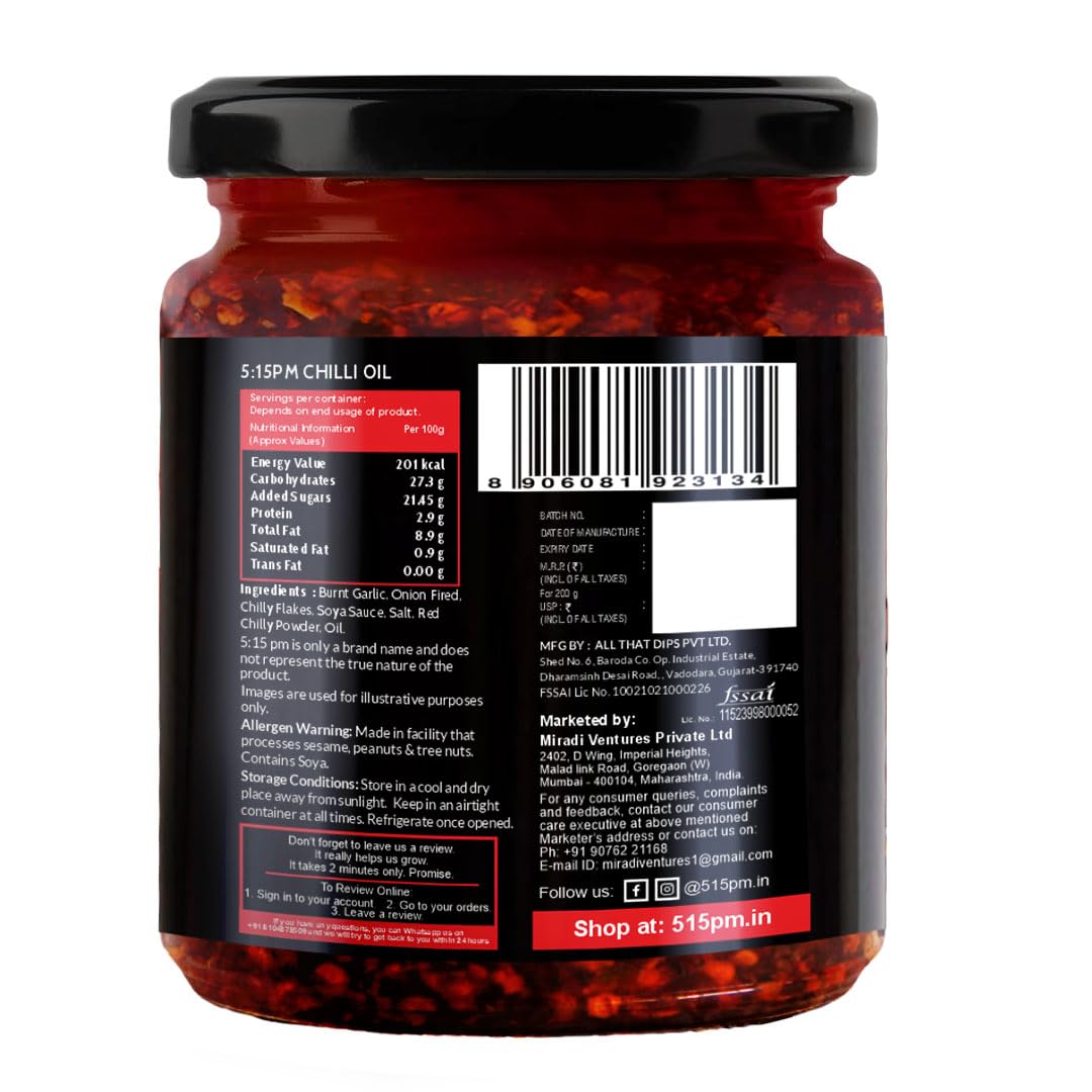 5:15PM Chilli Oil 200gm | Crispy Chinese Chilli Oil |Sichuan Chilli Oil with Garlic| Slow Infused | 100% Natural, Vegan & Gluten Free | No artificial colours & flavour | Perfect for stir-fries, noodles, pizzas, and salad – 200gm