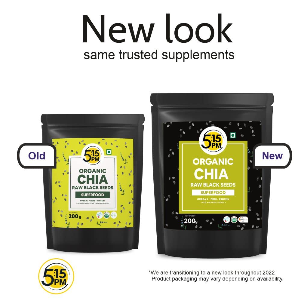 5:15PM Certified Organic Chia Seeds - Raw Unroasted Black Chia Seeds for Eating with Omega 3 and Fiber - 200g