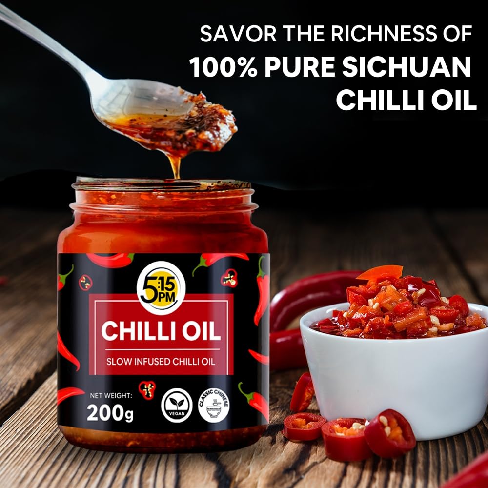 5:15PM Chilli Oil 200gm | Crispy Chinese Chilli Oil |Sichuan Chilli Oil with Garlic| Slow Infused | 100% Natural, Vegan & Gluten Free | No artificial colours & flavour | Perfect for stir-fries, noodles, pizzas, and salad – 200gm