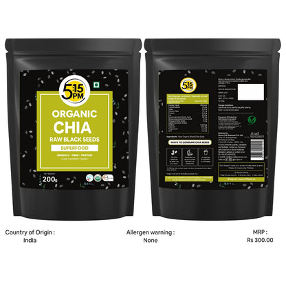 5:15PM Certified Organic Chia Seeds - Raw Unroasted Black Chia Seeds for Eating with Omega 3 and Fiber - 200g