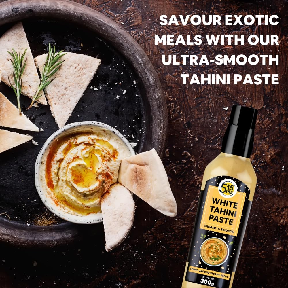 5:15 PM Tahini 300Gm White Tahini Paste For Hummus Ground Hulled Sesame Seed Paste Smooth & Creamy Natural For Hummus, Baba Ghanoush, Salad Dressings And More – 300Gm