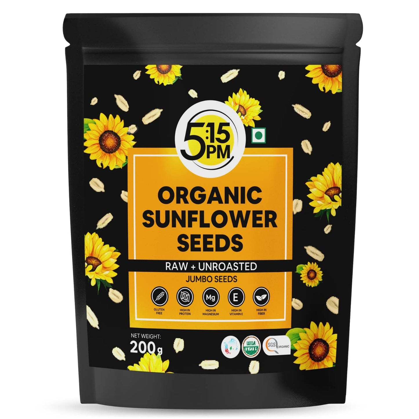 5:15PM Organic Sunflower Seeds 200gm| Raw Sunflower Seeds for eating |High in Protein & Fibre | 100% Organic, Natural, Raw & Unroasted Seeds– 200g