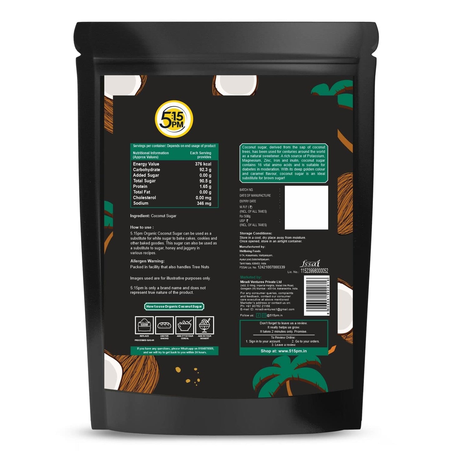 5:15 PM Organic Coconut Sugar 500Gm| Unrefined Sugar| Natural Sweetener |Gluten Free| 100% Pure & Healthy Sugar Alternative 500G