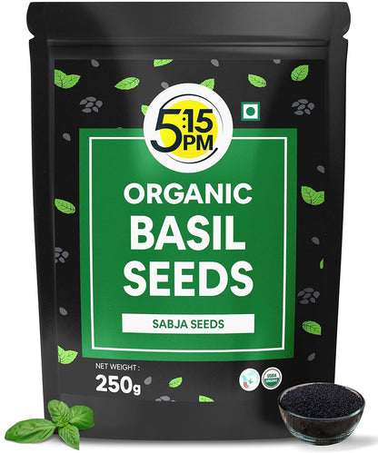 5:15PM Basil Seeds 250g | 100% Organic Raw Basil Seeds | Tukmaria Seeds | Sabja Seeds for Eating | Falooda Seeds 250 grams